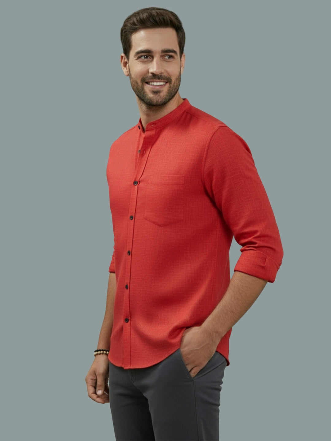 BULL FIRE Chinese Collar Full Sleeve Cotton Regular Fit Shirt For Men