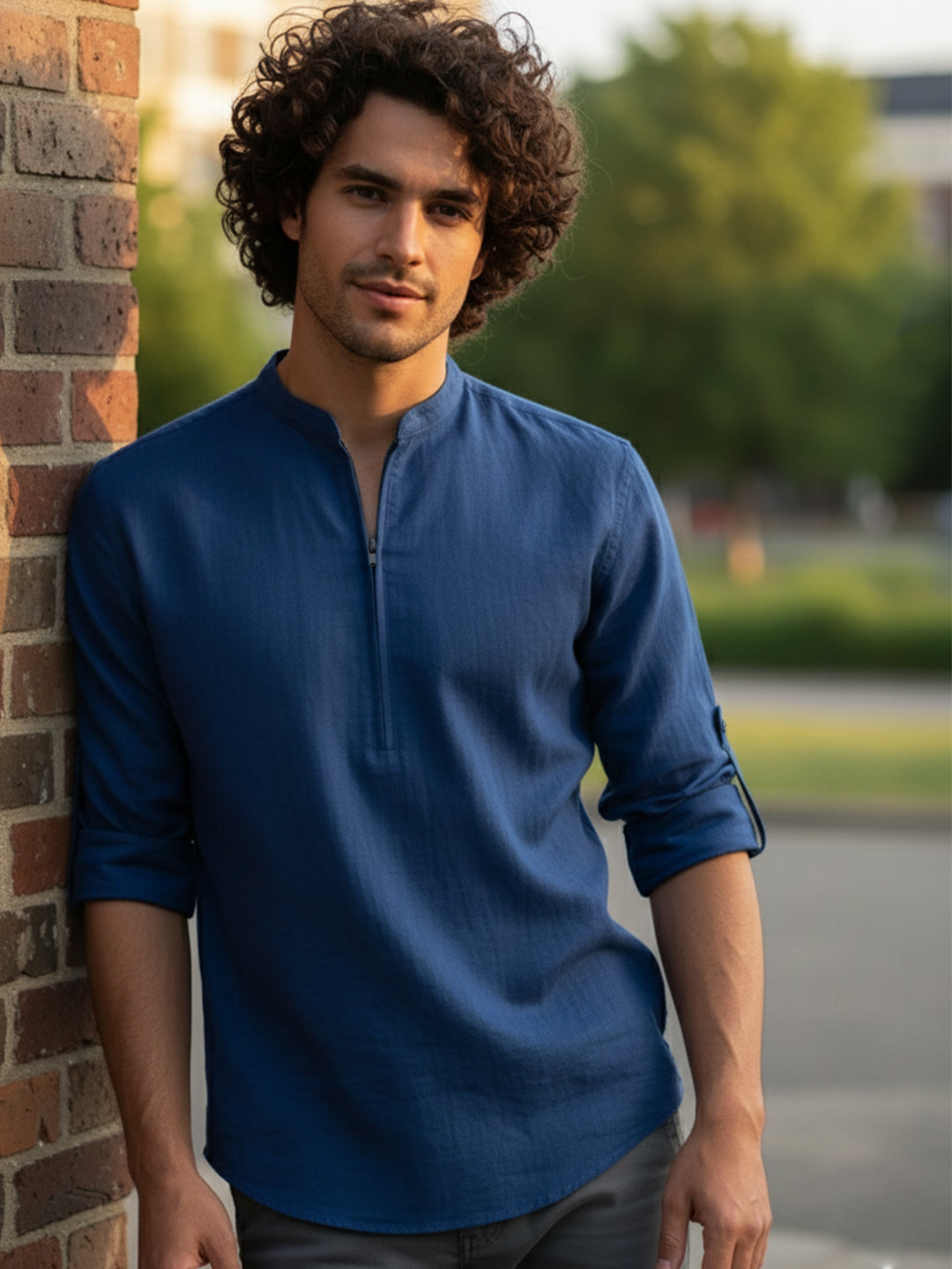 BULL FIRE Zipper Style Pure Cotton Full Sleeve Short Kurta