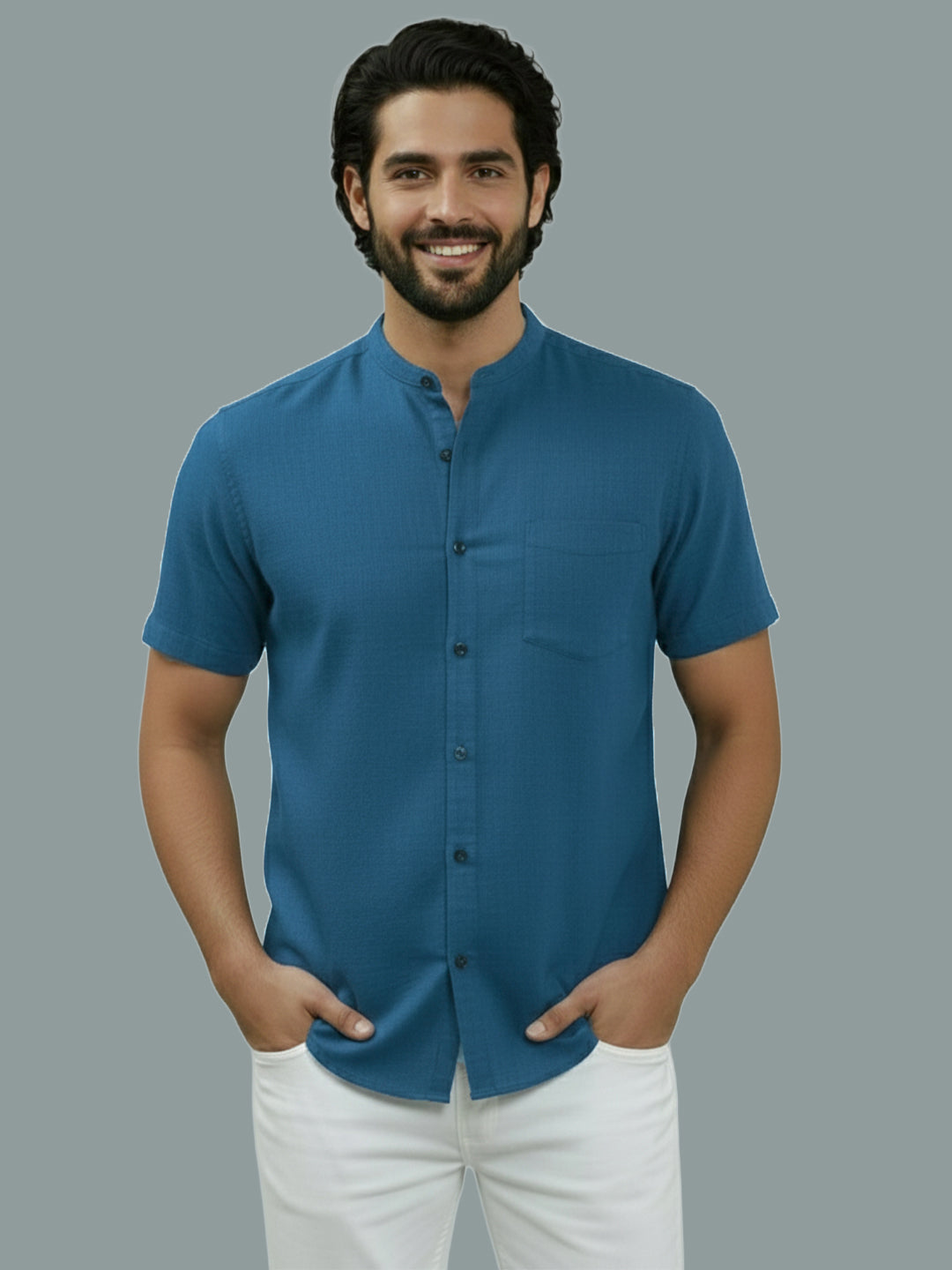 BULL FIRE Half Sleeve Chinese Collar Cotton Regular Fit Shirt For Men
