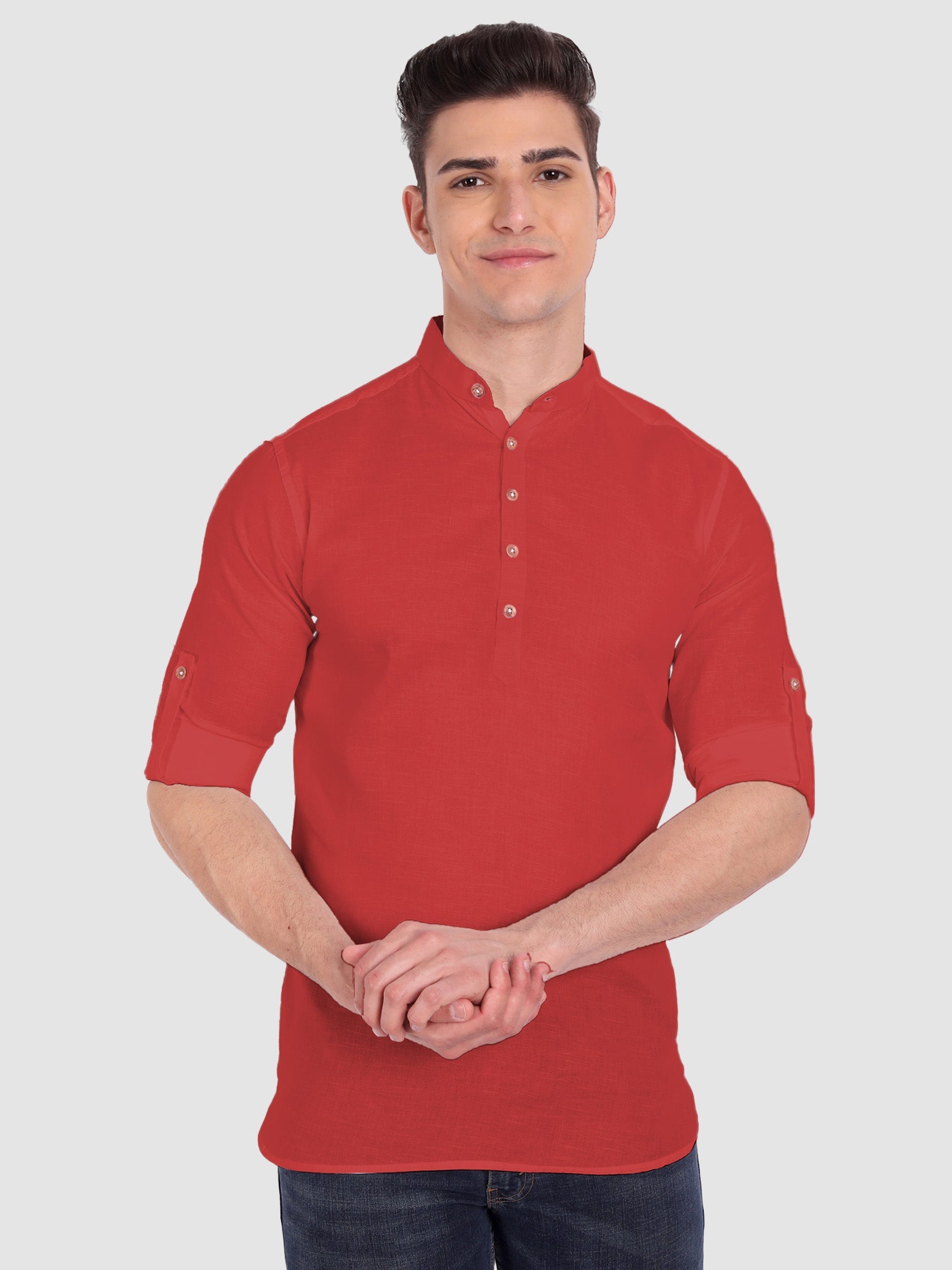 BULL FIRE Men Full Sleeve Roll Up Style Chinese Collar Cotton Kurta