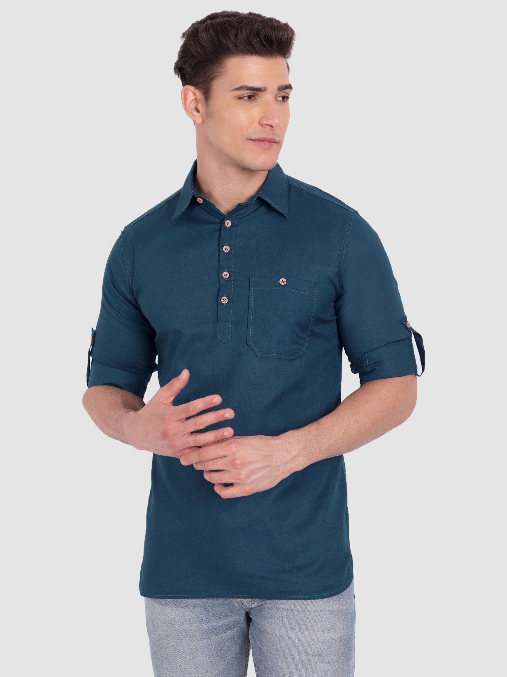 BULL FIRE Men Full Sleeve Roll Up Sleeve Style Spread Collar Pure Cotton Kurta
