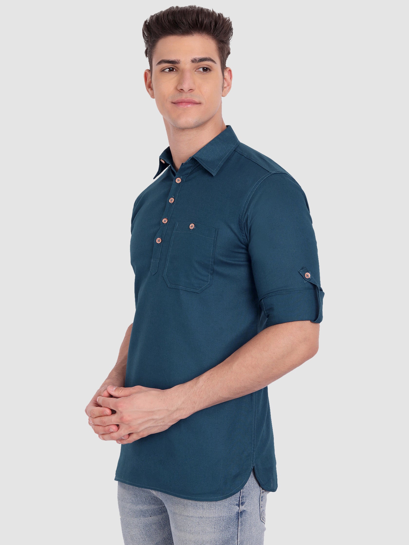 BULL FIRE Men Full Sleeve Roll Up Sleeve Style Spread Collar Pure Cotton Kurta