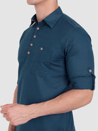 BULL FIRE Men Full Sleeve Roll Up Sleeve Style Spread Collar Pure Cotton Kurta