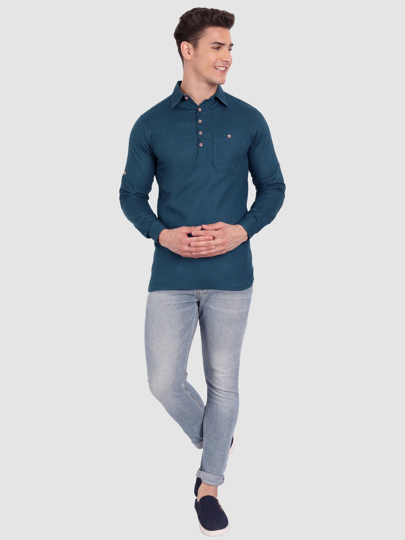 BULL FIRE Men Full Sleeve Roll Up Sleeve Style Spread Collar Pure Cotton Kurta