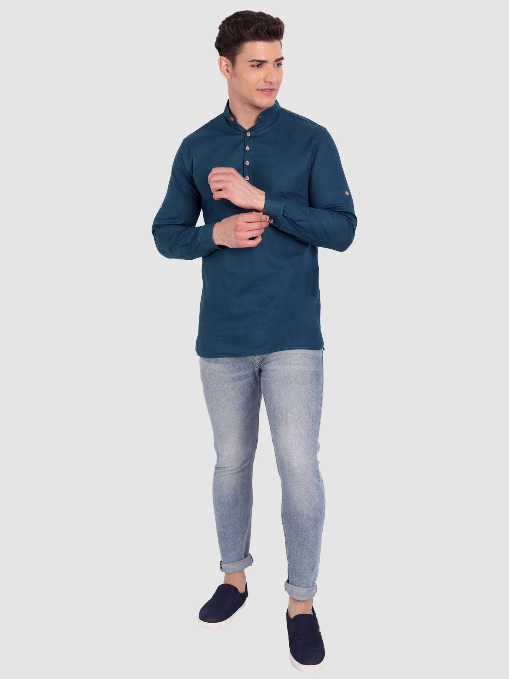 BULL FIRE Men Full Sleeve Roll Up Style Chinese Collar Cotton Kurta