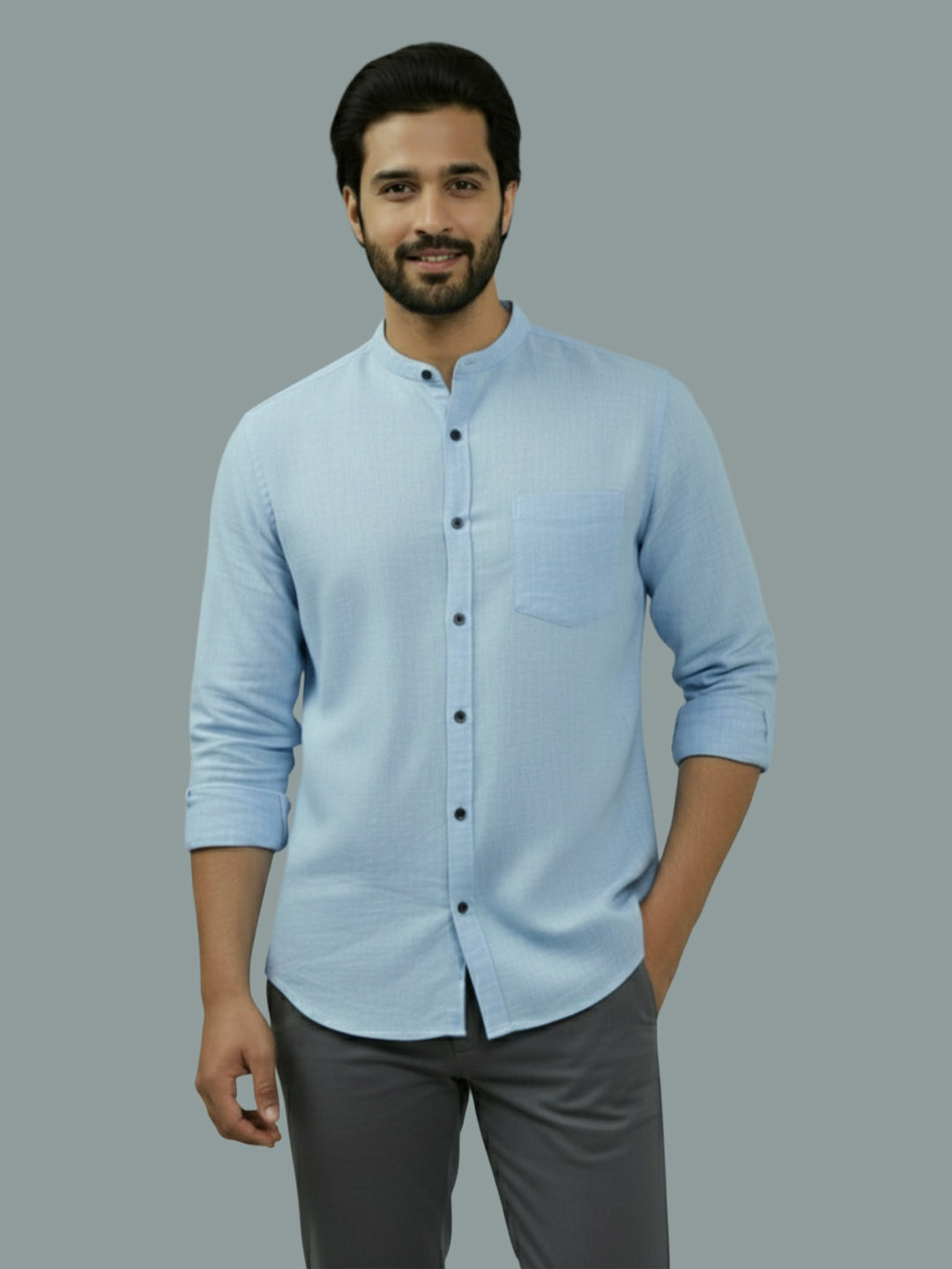 BULL FIRE Chinese Collar Full Sleeve Cotton Regular Fit Shirt For Men