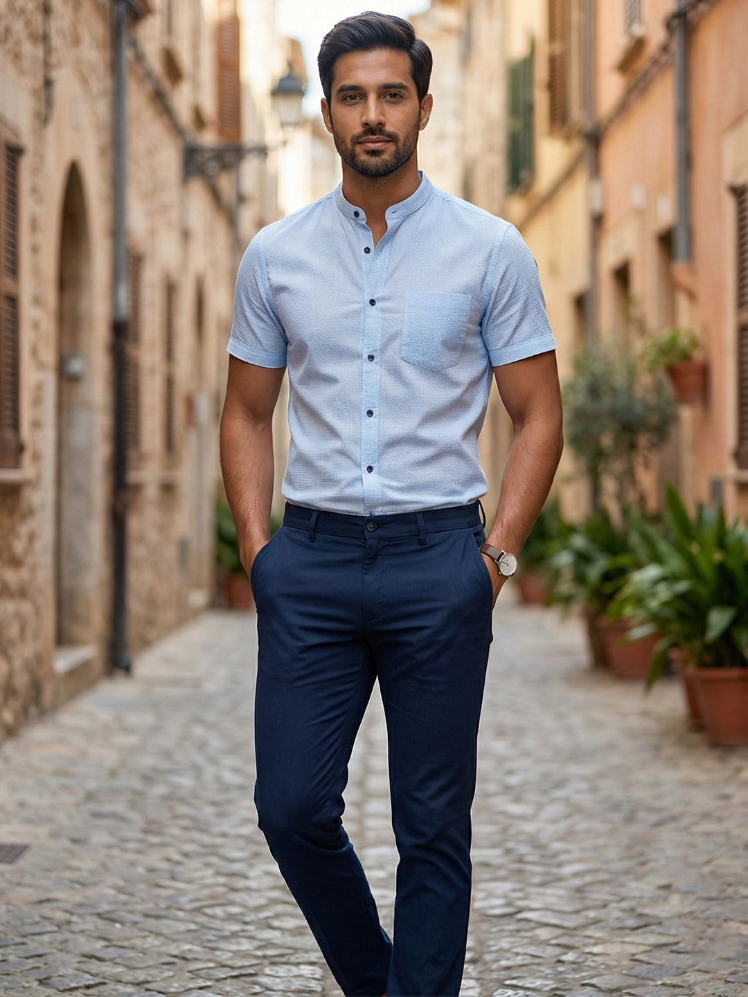 BULL FIRE Half Sleeve Chinese Collar Cotton Regular Fit Shirt For Men