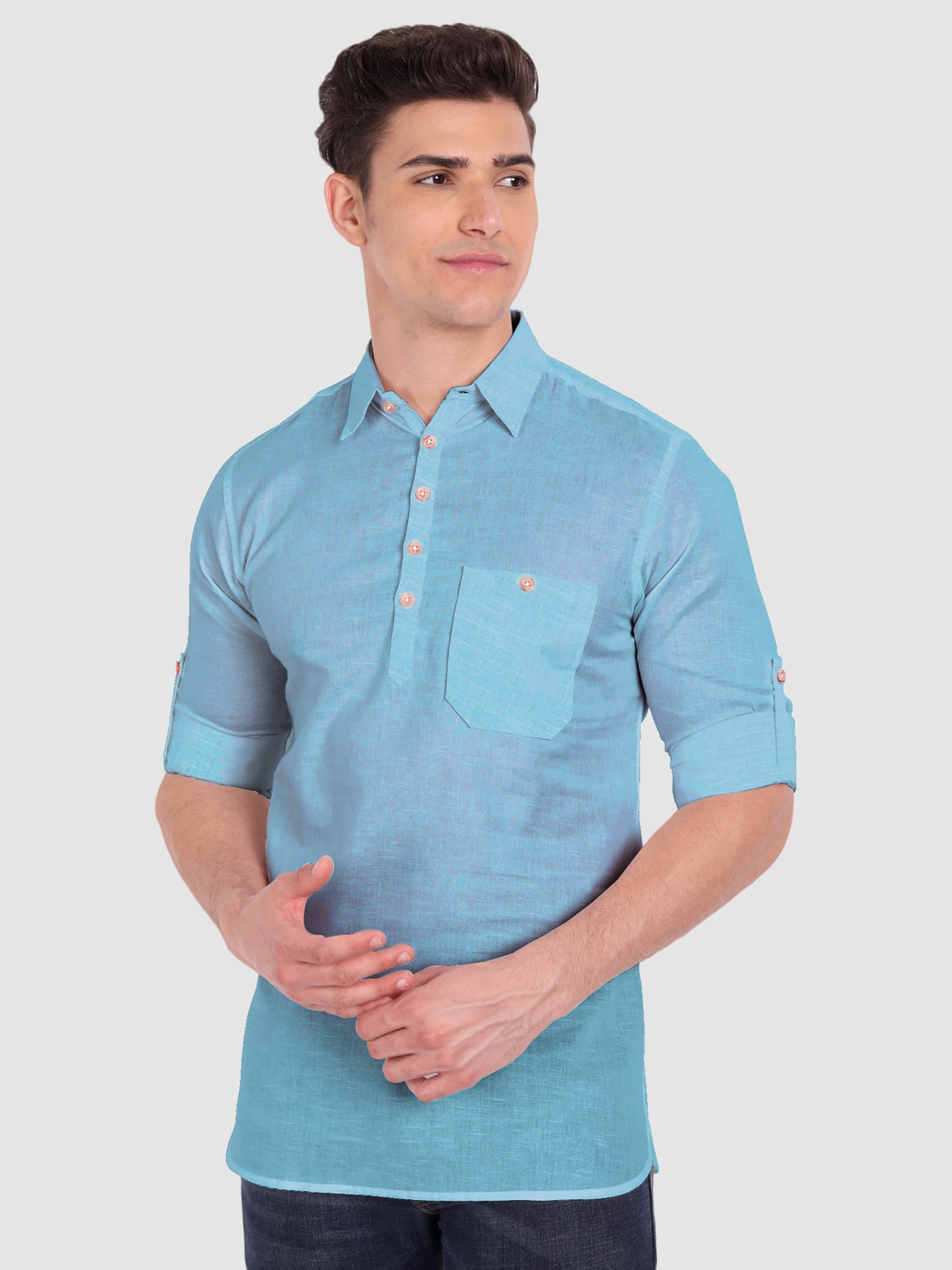 BULL FIRE Men Full Sleeve Roll Up Sleeve Style Spread Collar Pure Cotton Kurta