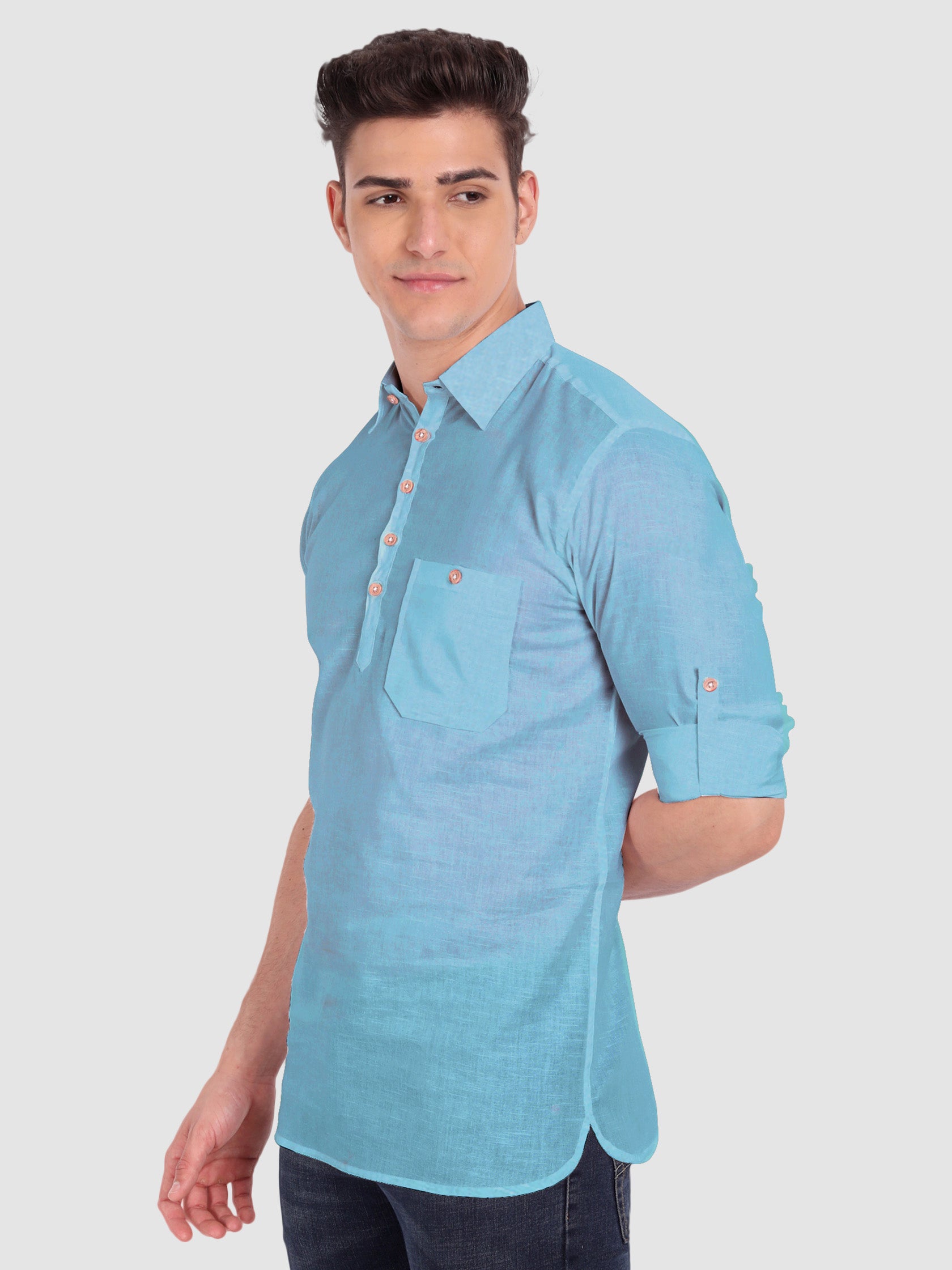 BULL FIRE Men Full Sleeve Roll Up Sleeve Style Spread Collar Pure Cotton Kurta