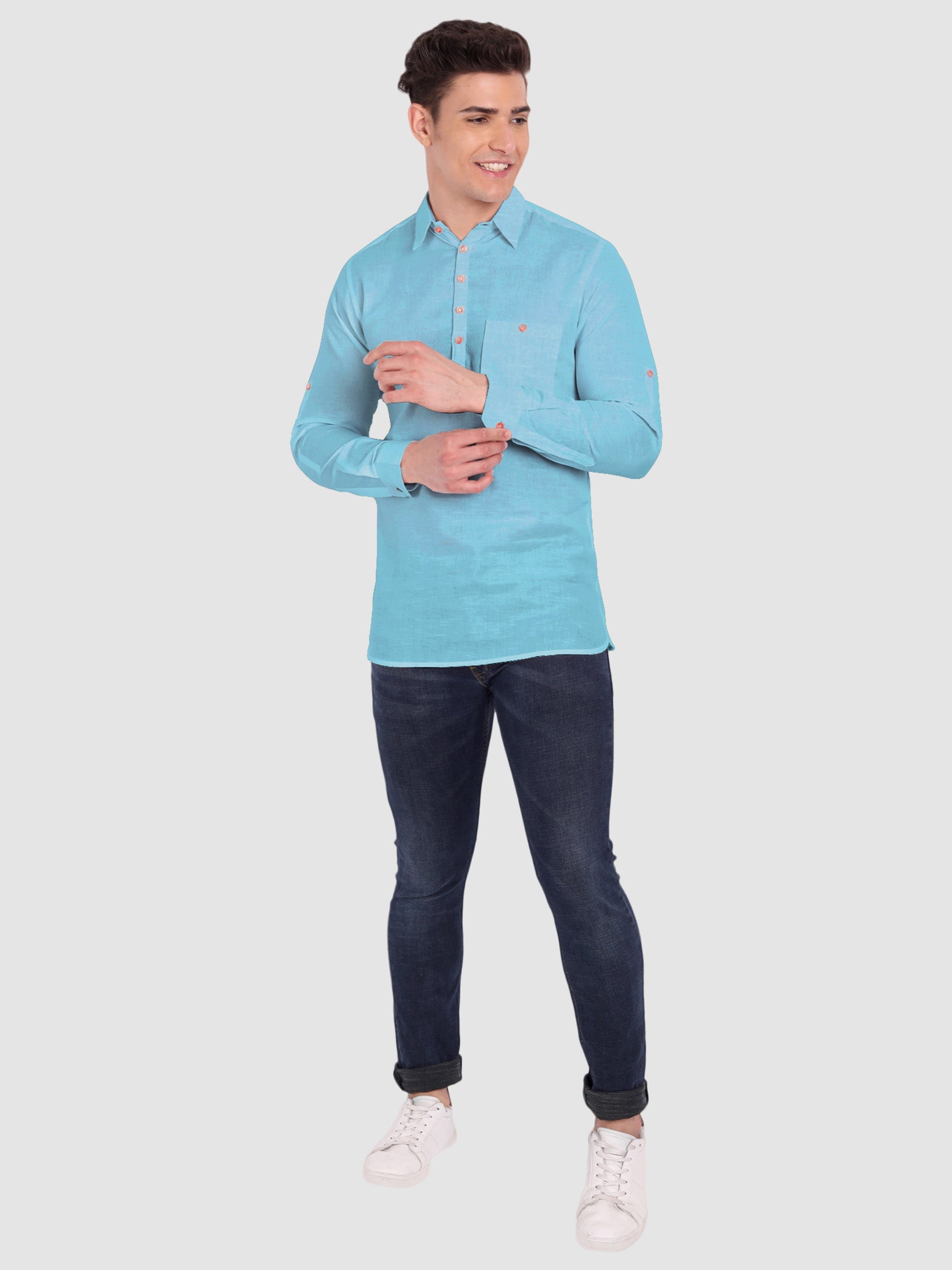 BULL FIRE Men Full Sleeve Roll Up Sleeve Style Spread Collar Pure Cotton Kurta