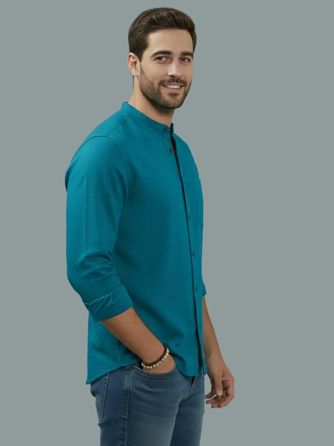 BULL FIRE Chinese Collar Full Sleeve Cotton Regular Fit Shirt For Men