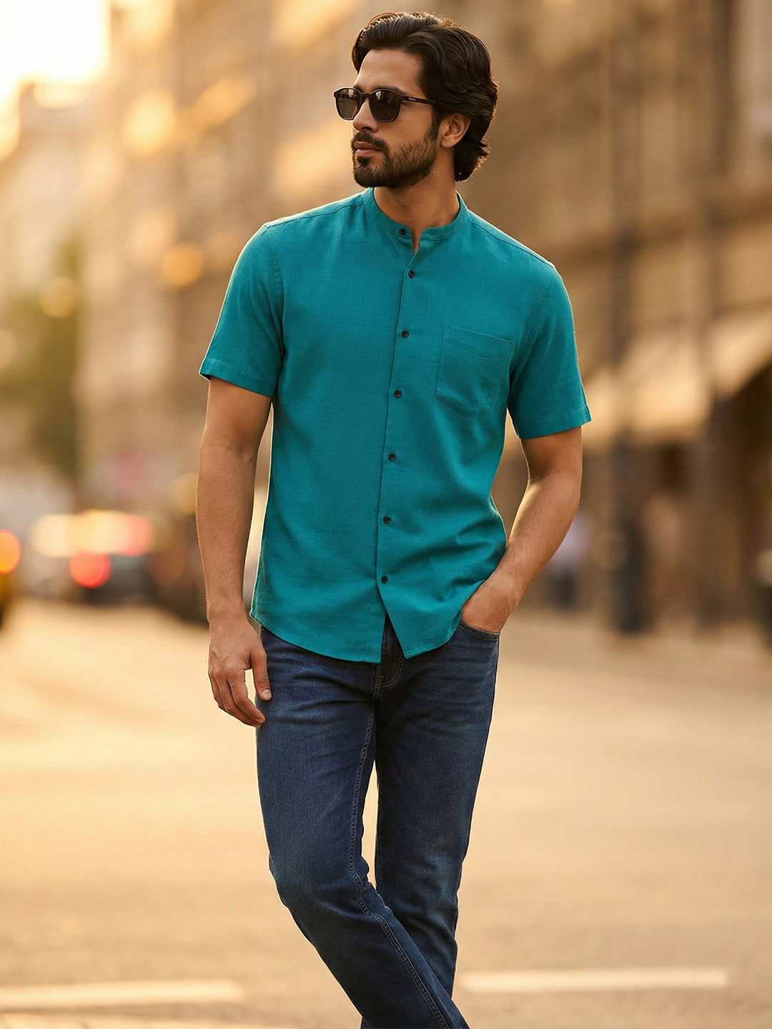 BULL FIRE Half Sleeve Chinese Collar Cotton Regular Fit Shirt For Men