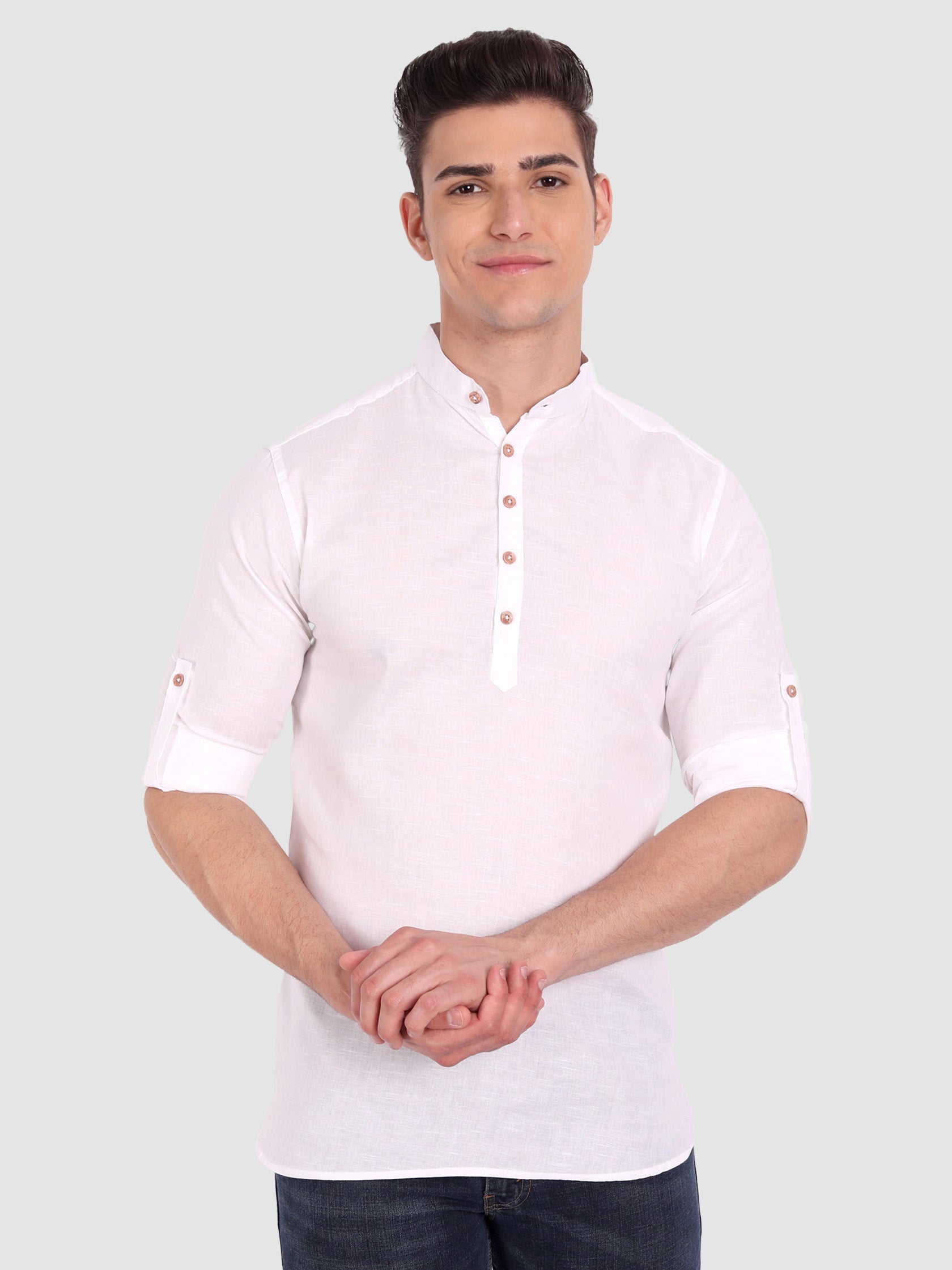 BULL FIRE Men Full Sleeve Roll Up Style Chinese Collar Cotton Kurta
