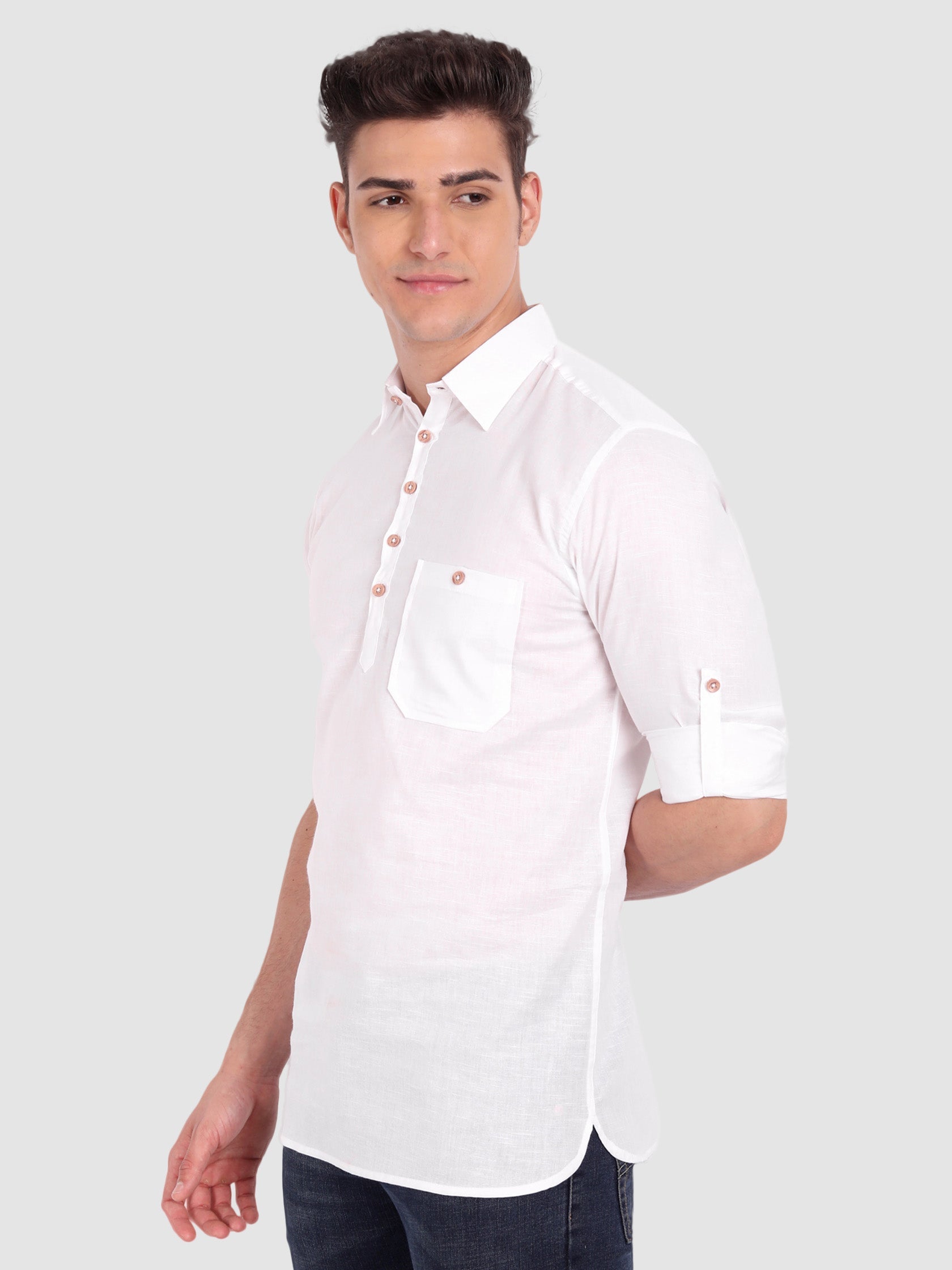 BULL FIRE Men Full Sleeve Roll Up Sleeve Style Spread Collar Pure Cotton Kurta