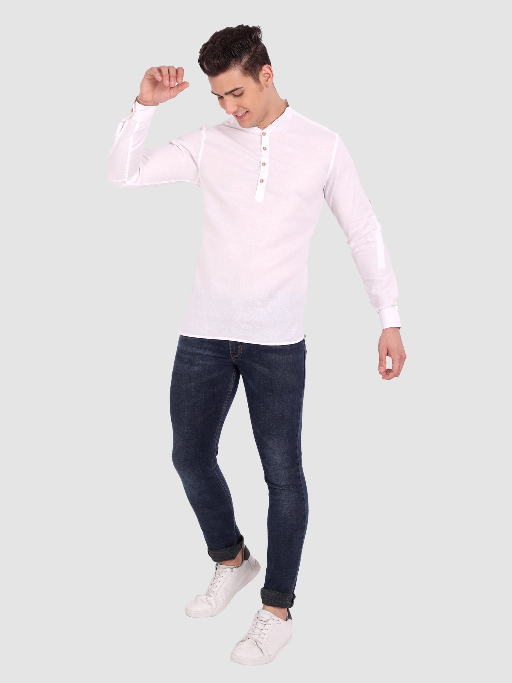 BULL FIRE Men Full Sleeve Roll Up Style Chinese Collar Cotton Kurta