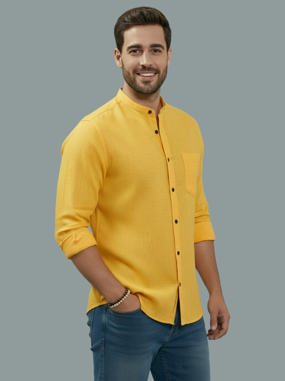 BULL FIRE Chinese Collar Full Sleeve Cotton Regular Fit Shirt For Men