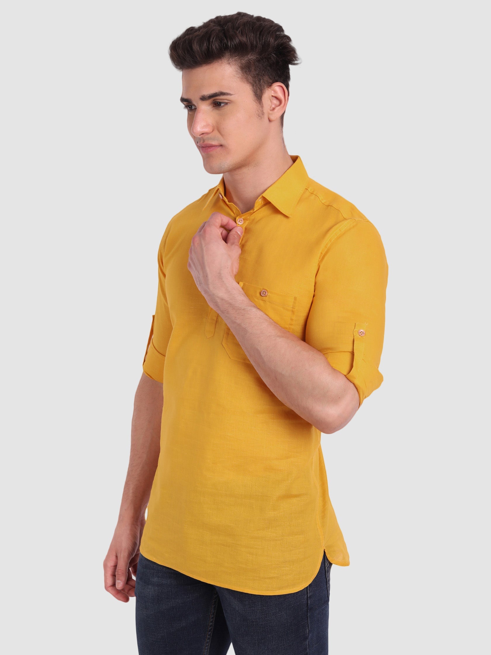 BULL FIRE Men Full Sleeve Roll Up Sleeve Style Spread Collar Pure Cotton Kurta