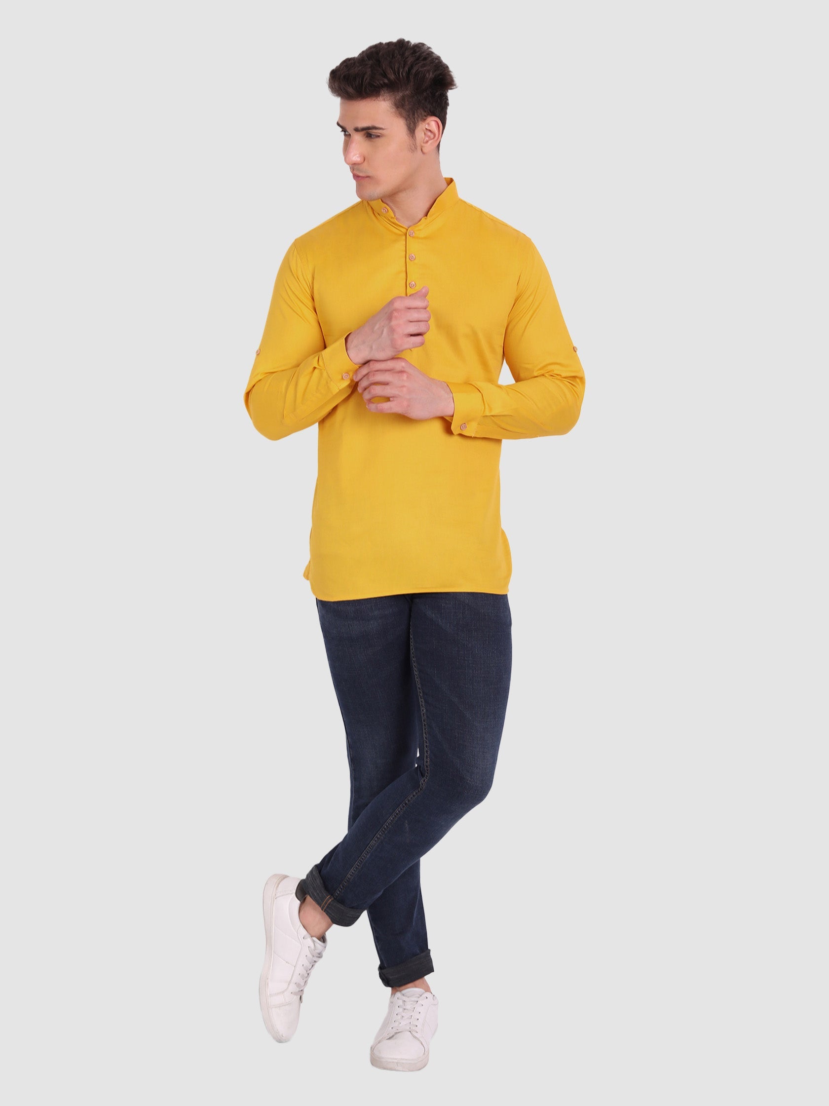 BULL FIRE Men Full Sleeve Roll Up Style Chinese Collar Cotton Kurta